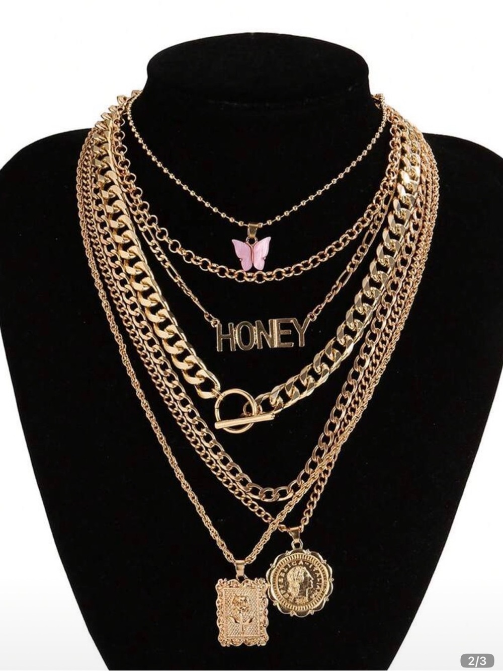 Gold 7 Layered 'Honey' Pendant Necklace with Pink Butterfly Charm